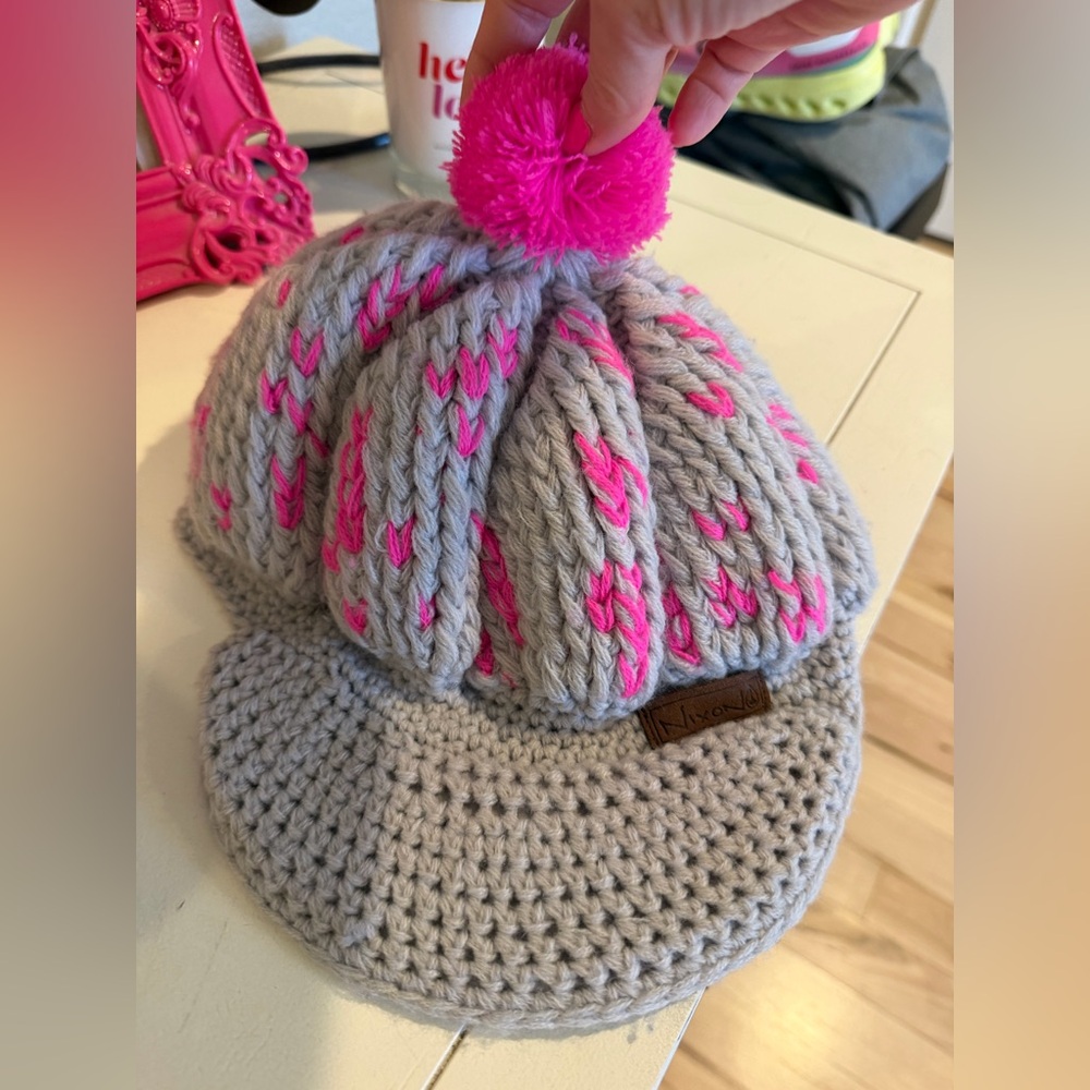 Nixon - crochet beanie! Light grey and hot pink! Small bill in front!